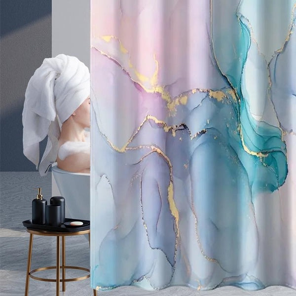 Thickened Waterproof Shower Curtain, Modern Marble Print Bathroom Curtain, Metal Reinforced Grommet Eyelets, Quick-Dry Transparent Folding For Shower
