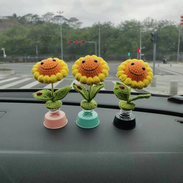 Cute Bobblehead Sunflower Car Dashboard Decoration, Crochet Smiley Sunflower Funny Gadgets Car Accessories For Women