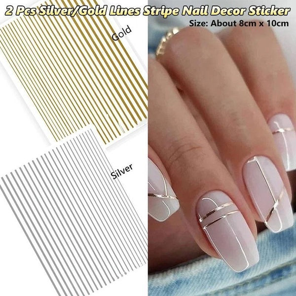 2 Pc Silver-Gold Lines Stripe Nail Sticker Decals Metal Strip Luxury Nails Slider Self Adhesive Design Nail Art Stickers Paper