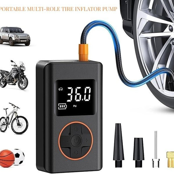 Portable Multi-role Tire Inflator Pump-Air Compressor,Suit for Car- Motorcycle- Bicycle- Ball, with Pressure Gauge, LED Light