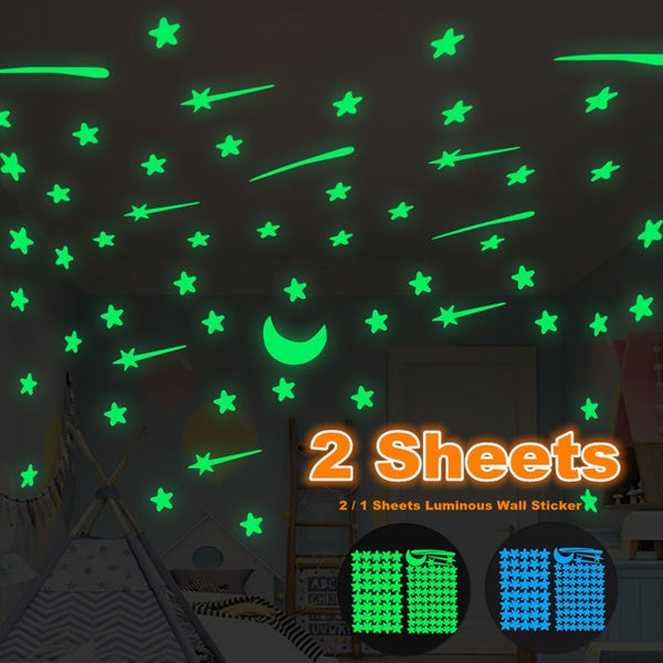 2-1 Sheets Luminous Stars Meteor Moon Wall Sticker For Kids Room Living Room Bedroom Decoration Decals Glow In The Dark 3D Stickers