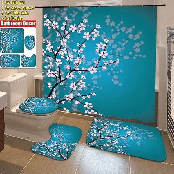 3D Plum Blossom Printing Shower Curtain Set Waterproof Shower Curtain + Toilet Cover + Non-Slip U Shape Mat + Carpet Bathroom Shower Curtain Decor Se