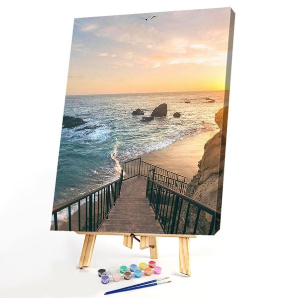 FIYO Seaside Steps Diy Paint by Numbers Kits for Adults and Kids Beginner on Canvas Fashion Oil Painting Wall Art for Gift( No Frame )