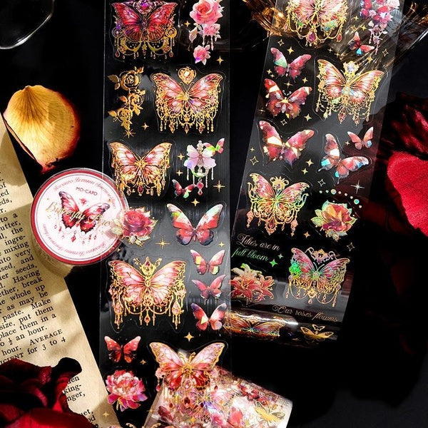 1Roll Cute Glitter Butterfly Series PET Tape Scrapbooking Stickers Perfect For Collage Journaling Craft Diy Supplies