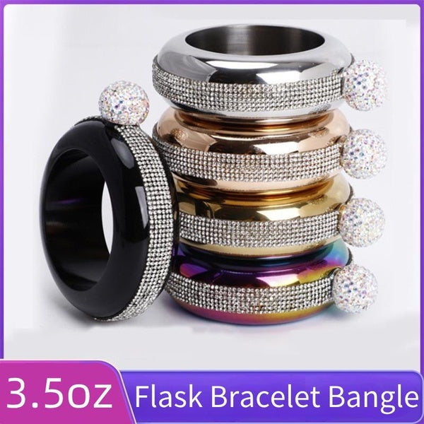 3.5oz 100ml Stainless Steel Rhinestone Hip Flask for Women Hidden Whiskey Vodka Alcohol Round Chic Bracelet Hip Flask Elegant Wine Bottle Bangle Hip