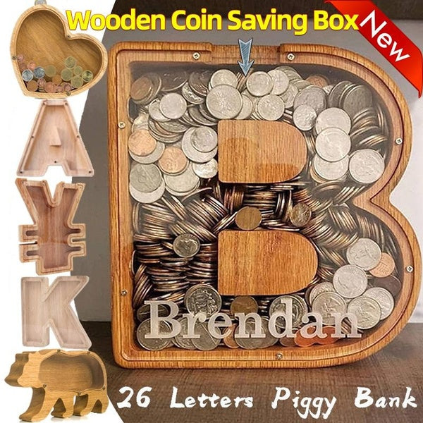 43 styles tirelire en bois 26 lettres en forme d'animaux boîte d'économie d'argent avec des autocollants de nom de conception boîte de rangement de p