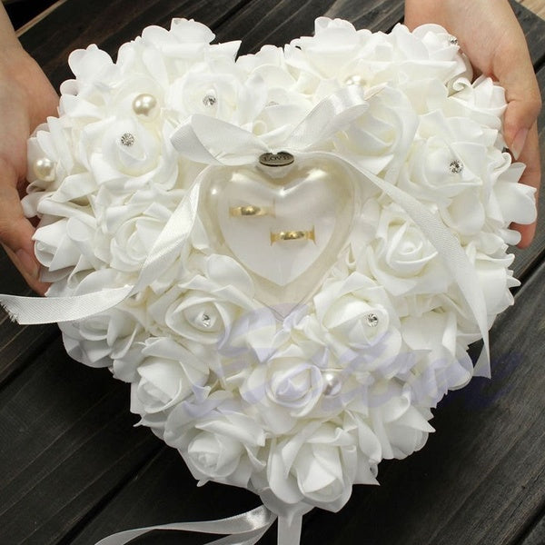 Romantic White Heart Pillow Ring Box Marriage Wedding Cushion Gift