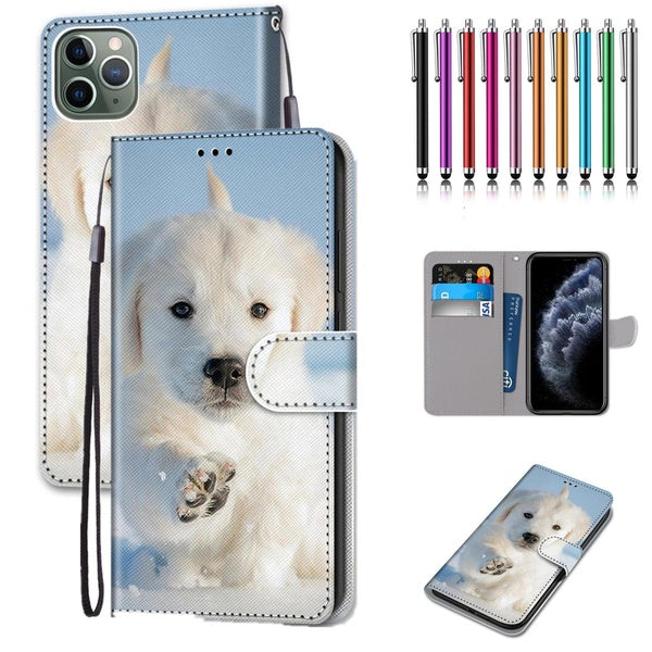 Motif de chiot de neige PU cuir portefeuille Style étui à rabat avec porte-carte Protection étui de téléphone portable avec stylet pour iPhone 14 14P