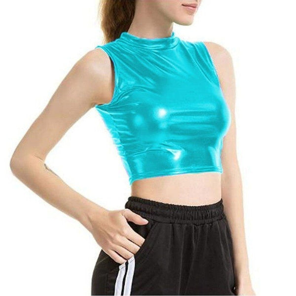 Plus Size Summer O-neck Mini Tops Women Fashion High Street Bodycon Tank Tops Shiny Metallic Dancing Crop Tops Sleeveless Vest