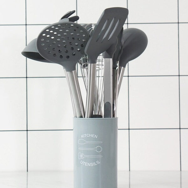 1SET Silicone Kitchen Utensil Nonstick Utensils Cooking Tool Spoon Soup Ladle Turner Spatula Tong Cookware Baking Gadget OK 1200