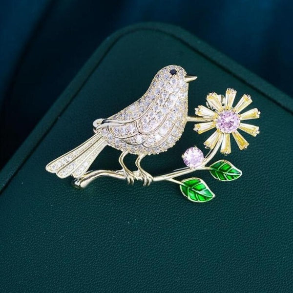 Cute Bird Elegant Standing Branch Flower Brooch Creative Versatile Love Bird Evening Dress Corsage Brooch Accessories Gift Matron Inn