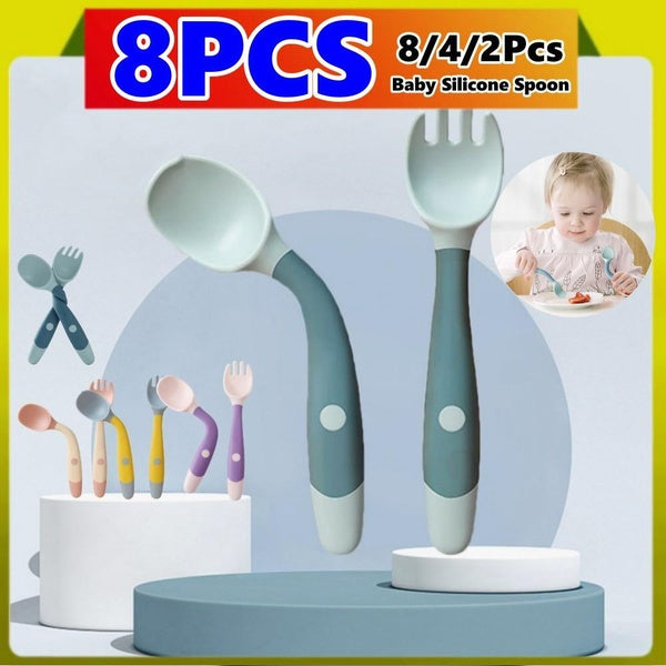 8-4-2Pcs New Baby Silicone Spoon Utensils Set Auxiliary Food Toddler Learn To Eat Training Bendable Twist Fork Spoon Kit Infant Children Tableware