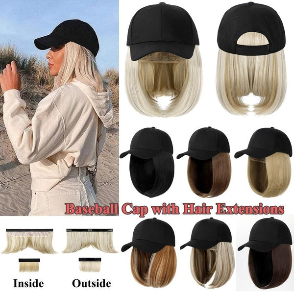 Baseball Cap with Hair Extensions Straight Short Bob Hairstyle Adjustable Wig Hat for Woman- Girls Traveling-Daily 12 Colors Bob Hair Attached Hat Ha