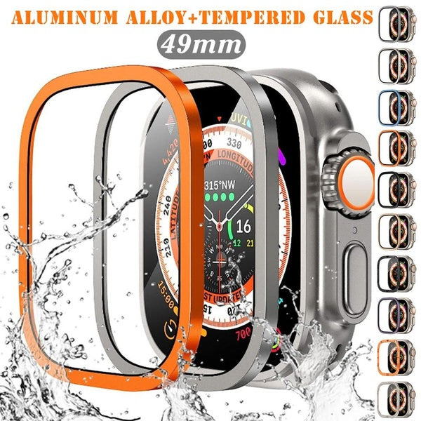 Tempered Glass Film with Aluminum Alloy Metal Frame for Apple Watch Ultra2- Ultra 49mm，Screen Protector Frame Bumper Accessories Anti-Scratch HD Full Matron Inn