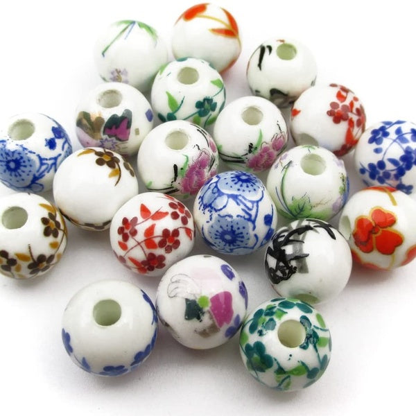 20pcs Round Exquisite Oblate Ceramic Porcelain Flower Decal Spacer Beads Traditional Chinese Style(Mix 8mm)