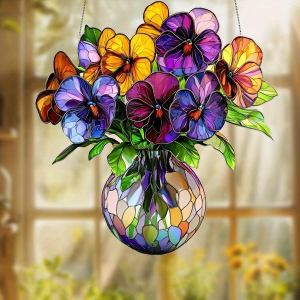 Acrylic Wall Mount Pansy Suncatcher Original Graphic Plants Theme Wall Sculpture for Home Decor Valentine's Day Wall Hanging Gift