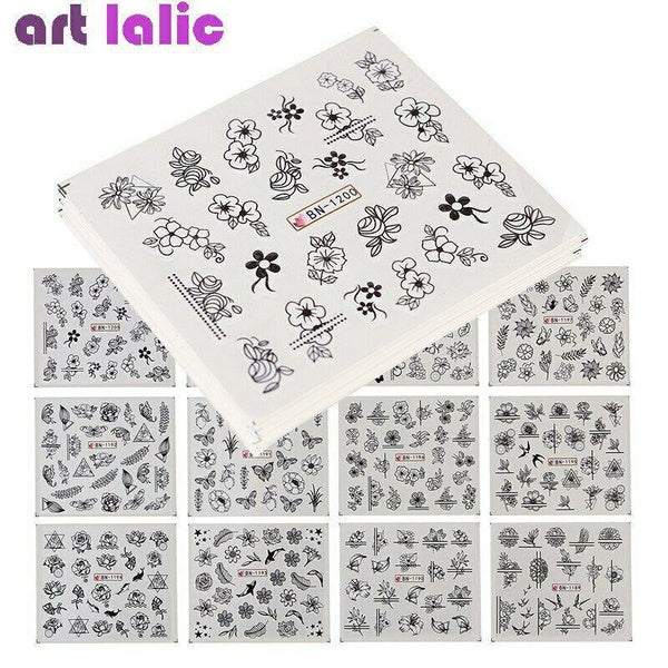 24 Sheets Black White Flowers Nail WaterTransfer Sticker Decal DIY Nail Art Decoration