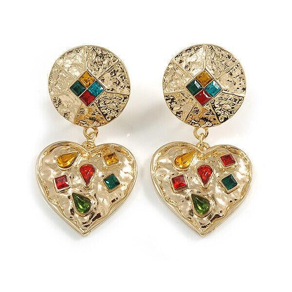 Boucles d'oreilles à clip en forme de coeur en cristal multicolore martelé couleur or -