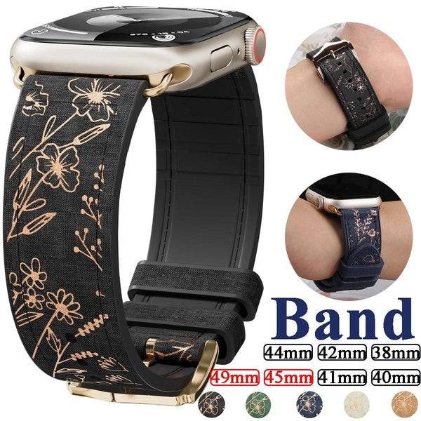 Leather+Silicone Strap for Smart Watch Bands 45mm 44mm 40mm 49mm 41mm 38mm Accessories Glossy Floral Bracelet Smartwatch Ultra 2-Ultra Series 9 8 7 s