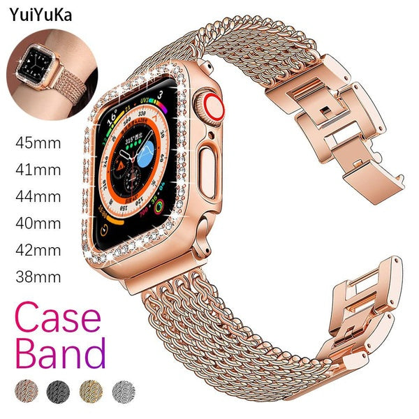 YuiYuKa Diamond Case Stainless Steel Strap Band for Smart Watch 40mm 41mm 38mm 45mm 44mm 42mm Metal Belt Bracelet Watchband for SmartWatch Series 3 4