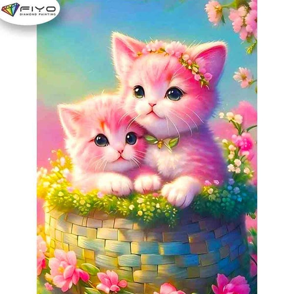 FIYO Pink Kitty Diamond Painting Kits For Adults DIY 5D Diamond Mosaic Diamond Painting Home and Kitchen Fashion Canvas Pictures Wall Decoration Gift
