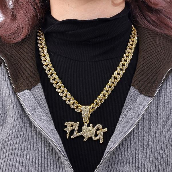 Punk Hip Hop Iced Out Crystal PLUG Letter Pendant Necklace Chunky Miami Cuban Link Chain Necklace Zircon Choker for Women Men Jewelry