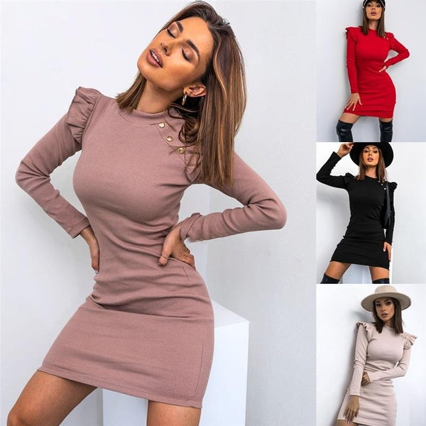 Women's Autumn Winter Ruffled Round Neck Long Sleeve Dress Ladies Fashion Casual Knitted Dress Elegant Skirts