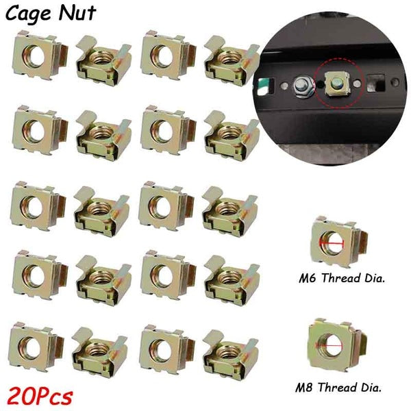 Écrou à cage captive en acier au carbone M6-M8, 20 pièces, ton en laiton pour armoire d'étagère de serveur