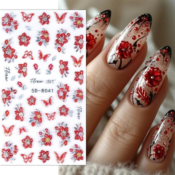 Red Flowers Engraved Nail Sticker Fruit Lemon Cherry Strawberry Adhesive Sliders Wedding Bride Manicure Accessories Decal JI5D-R