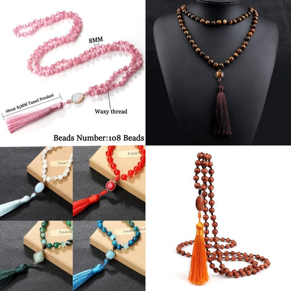 44 Styles Pink Cat Eye Stone Tiger Eye Stone 108 Beads Necklace 8mm Hand Knotted Braided Tassel Pendant Long Necklace Women Chain Charm Yoga Mala Jew