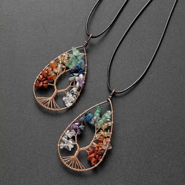 Handmade Wire Wrapped Natural Chip Stone Life Of Tree Pendant Necklace 7 Chakra Healing Crystal