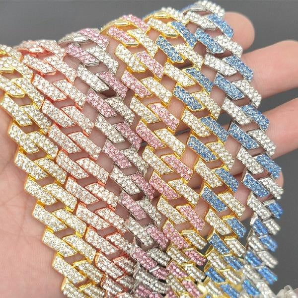 15mm Width Hip Hop Cuban Link Chain Ice Out Chain Prong Cuban Link Choker Chain Bracelet - Necklace for Men and Women Fashion Jewelry