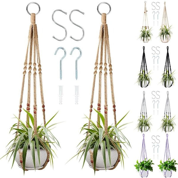 2 Pack Macrame Hanging Planter Indoor Jute Hanging Planter Basket with Wood Beads Decorative Flower Pot Holder for Boho Home Decor
