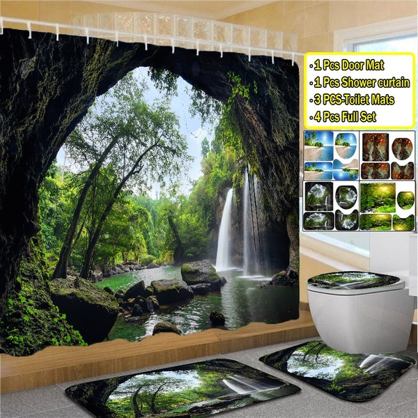 4 Styles 3D Art Mystic Forest and Waterfall Scenery Bathroom Shower Curtain Decor Waterproof Shower Curtain + Anti-slip Bath Mats + Toilet Seat Cover