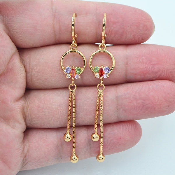 Boucles d'Oreilles Pendantes Femme Multicolor Cubic Zirconia CZ Butterfly Circle Tassel