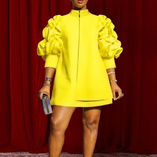 AOMEI Mini robe femmes col haut trois quarts manches bouffantes fermeture éclair vers le haut décontracté rétro Vintage fête Club événements porter 4