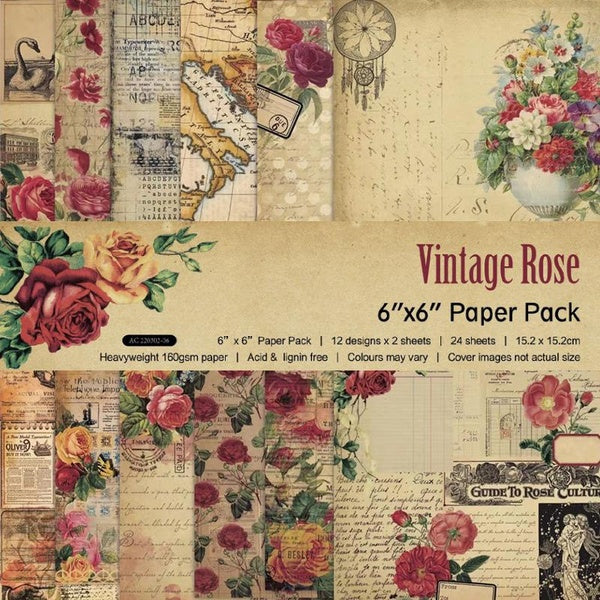 Vintage Romantic Rose Background Paper Card Stock Pad - 6x6 Inch Single Sided Pattern Paper Scrapbooking Hand Ledger Decor DIY Photo Album Decorative