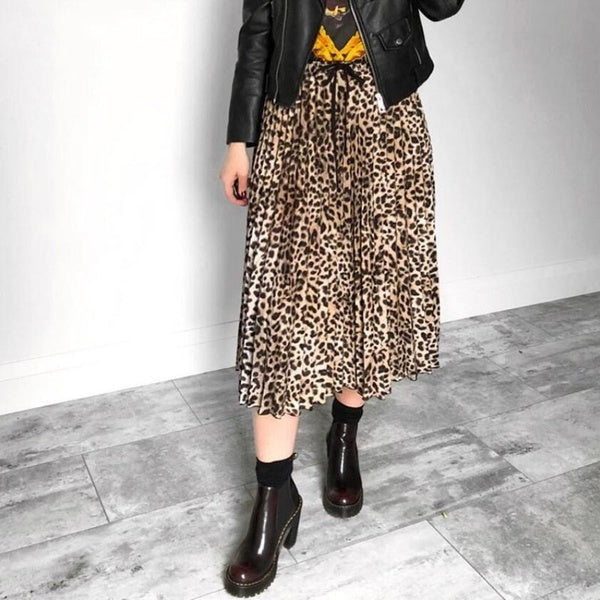 Vintage Leopard Print Pleated Skirts Women Punk Rock Korean Skirt Streetwear Drawstring Elastic Waist Ladies Midi Skirt