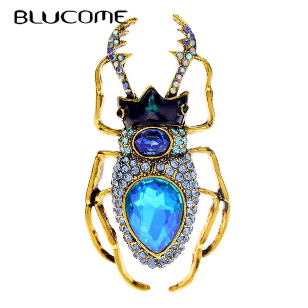 Blucome Blue Crystal Beetle Brooches For Women Vintage Bug Pin Insect Jewelry Alloy Material Fashion Coat Accessories Matron Inn