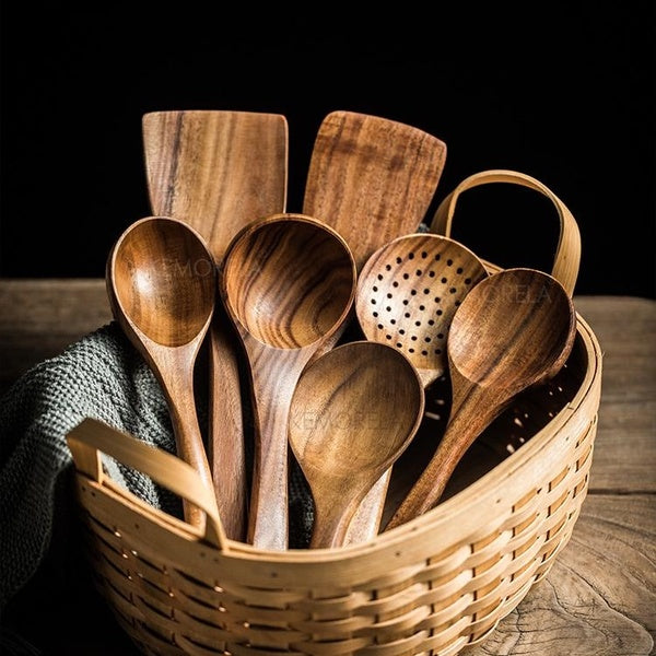 7PCS-PACK Thailand Teak Natural Wood Tableware Spoon Ladle Turner Long Rice Colander Soup Skimmer Cooking Spoons Scoop Kitchen Tool Set OK 1362