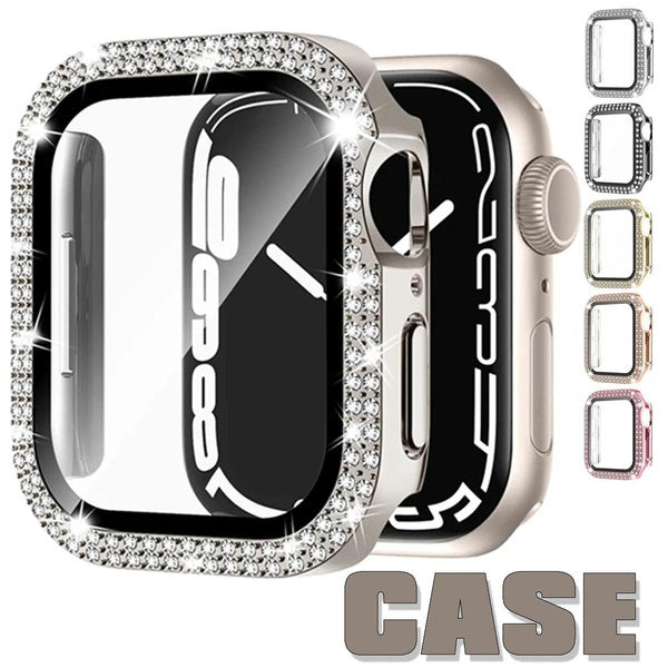 Diamond PC Case with Tempered Glass for Apple Watch Series 9 8 7 41mm 45mm 6 SE 40mm 44mm 38mm 42mm,Women Accessories Cover +Screen Protector for Wat