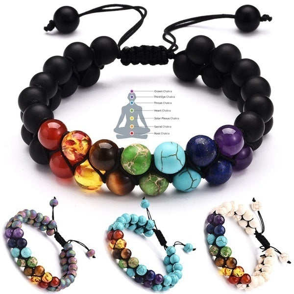 7 Chakra Bracelet Natural Healing Stones Beads Bracelet Double Layered Adjustable Macrame Woven Rope Chain Yoga Bracelet(4Colors)