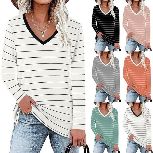 Women's Fashion Casual V Neck Long Sleeve Blouses Ladies Stripes Print Loose T-shirts Tops Plus Size