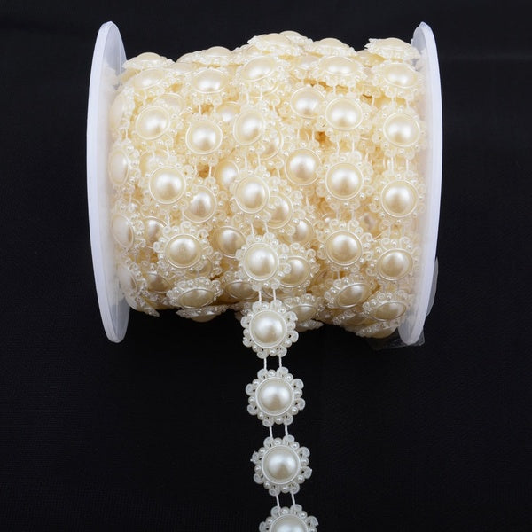 Hot 14mm Width Beige 2YD Plastic Round Beads Chain Trims Sewing Wedding Dress-Home-Bouquet Decor Craft DIY