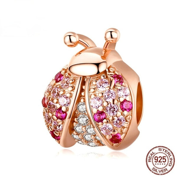 BISAER New Arrival 925 Sterling Silver Ladybug Rose Gold Cubic Zircon Insect Charms Beads Fit for Bracelets DIY Jewelry
