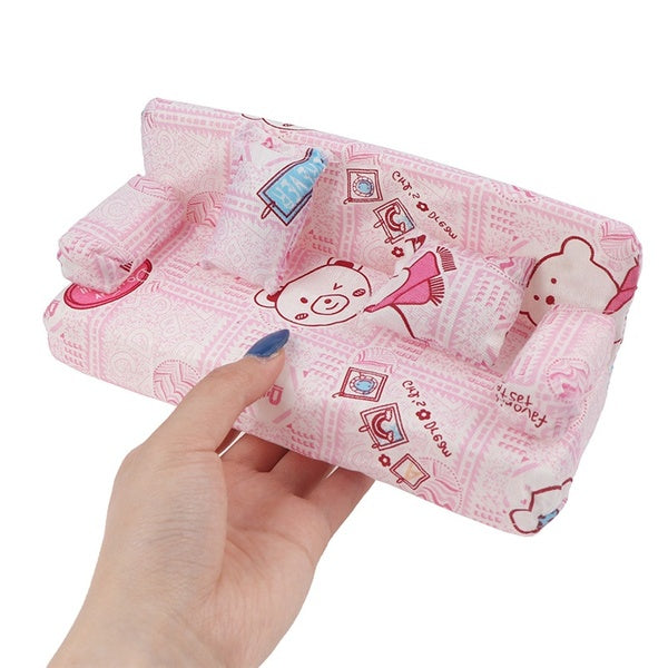 Miniature Dollhouse Small Cartoon Fabric Sofa set Furniture Couch with 2 Pillows Cushions Doll Accessories, 1-12 Scale