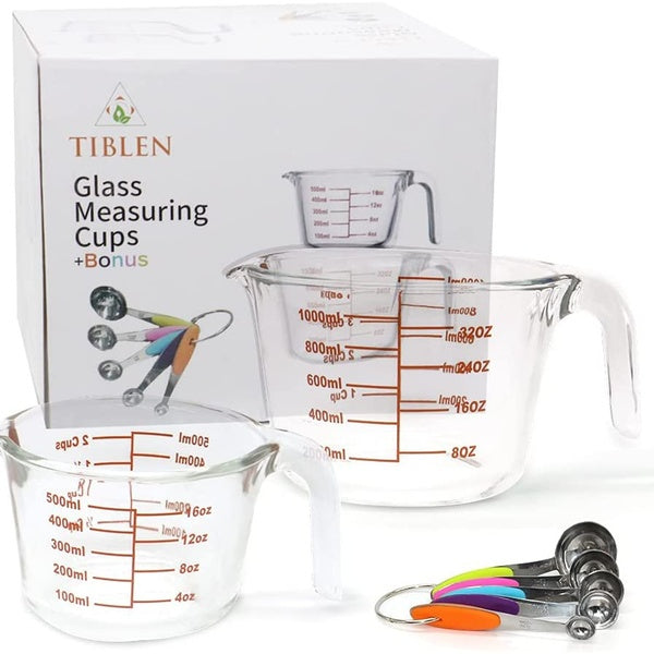 TIBLEN [7-Pack] Glass Measuring Cup Set 34 OZ and 17 OZ Safe for Microwave, Freezer, BPA Free + 5 Measuring Spoons