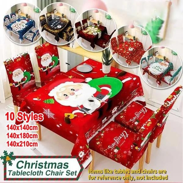 New Christmas Tablecloth Chair Set Kitchen Dining Table Decorations Santa Claus Print Family Rectangular Party Waterproof Table Chair Covers Home Dec