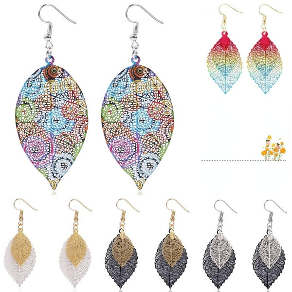 Charming Retro leaf earrings Double Hollow Leaf Earrings Colorful Pendant Drop Hook Statement Earrings Bohemian Earrings Metal Leaves Drop Dangle Vin