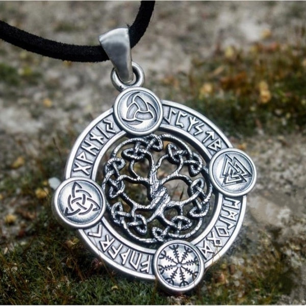 316L Stainless Steel Celtic Tree of Life Viking Rune Amulet Men's Necklace Pendant